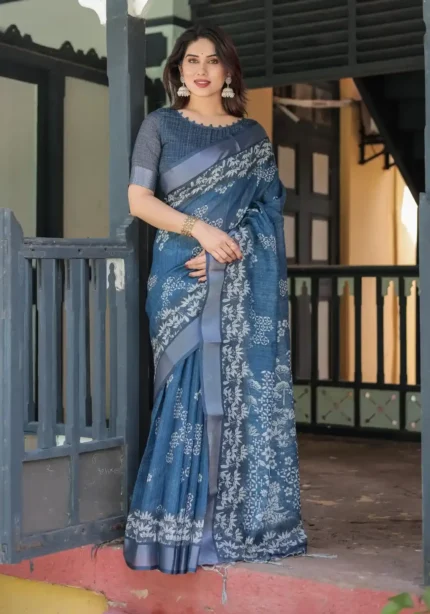 Deep Blue With White Floral Prints Linen Saree