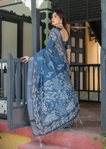 Deep Blue With White Floral Prints Linen Saree