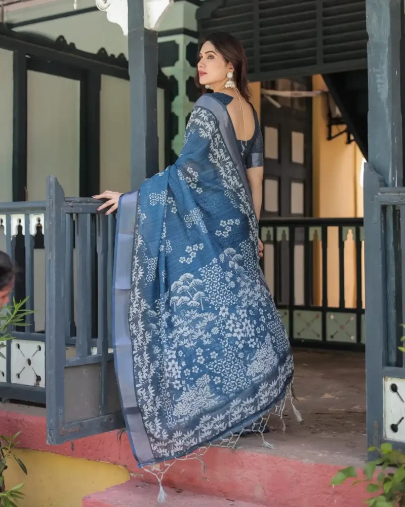 Deep Blue With White Floral Prints Linen Saree