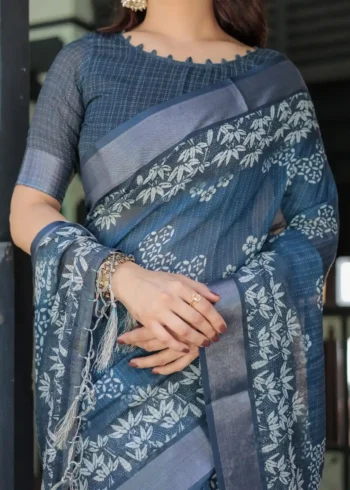 Deep Blue With White Floral Prints Linen Saree