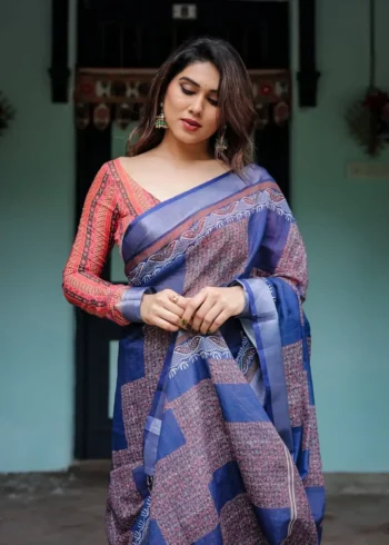 Deep Indigo Blue Pure Linen Saree