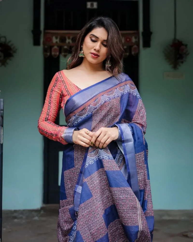Deep Indigo Blue Pure Linen Saree