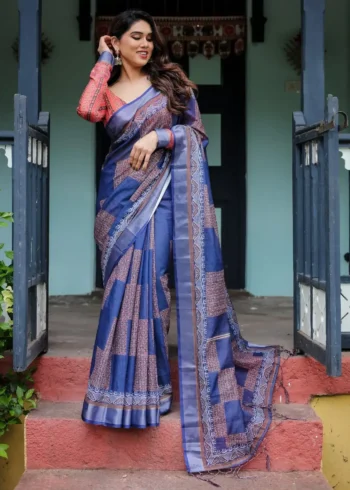 Deep Indigo Blue Pure Linen Saree
