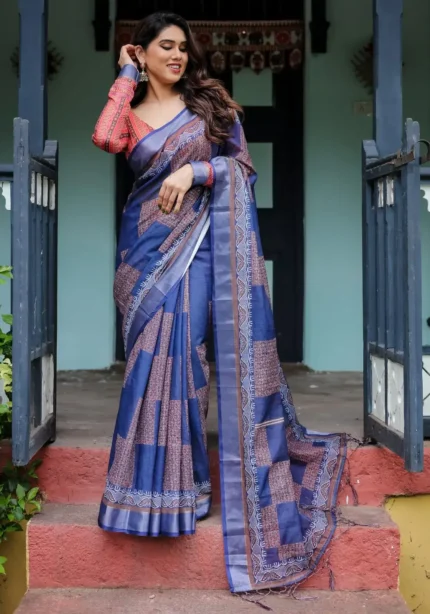 Deep Indigo Blue Pure Linen Saree