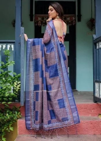 Deep Indigo Blue Pure Linen Saree
