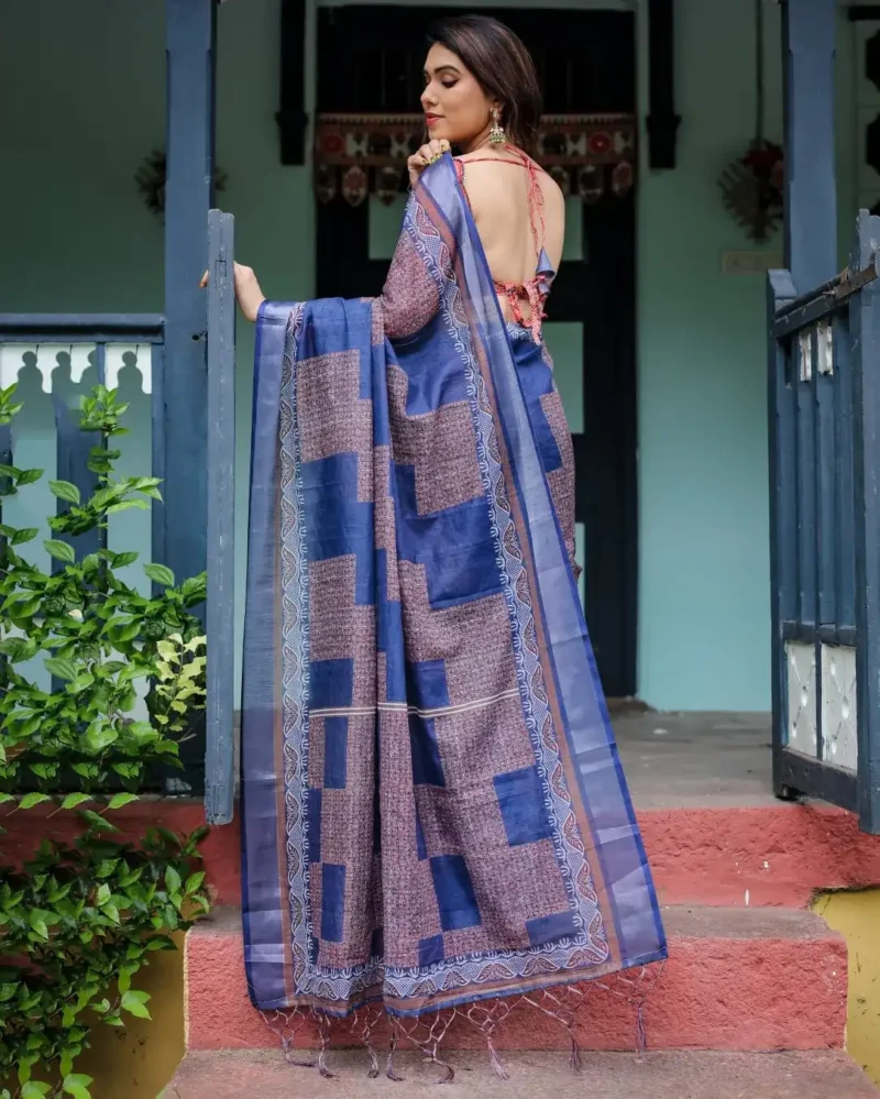 Deep Indigo Blue Pure Linen Saree