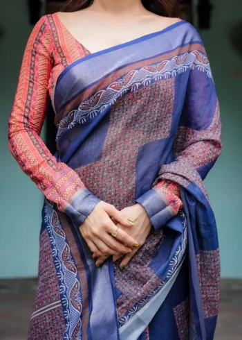 Deep Indigo Blue Pure Linen Saree