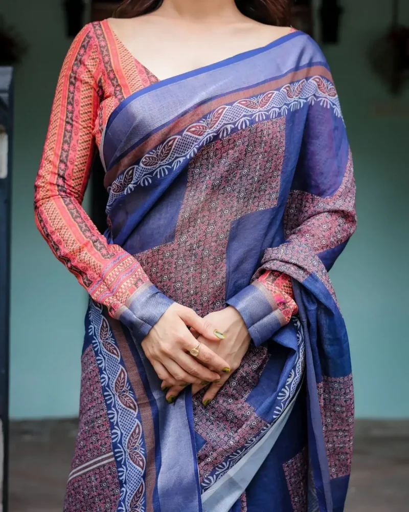 Deep Indigo Blue Pure Linen Saree