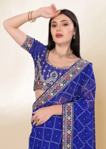 Digital Bandhani Printed Lace Embroidery Work Georgette Saree