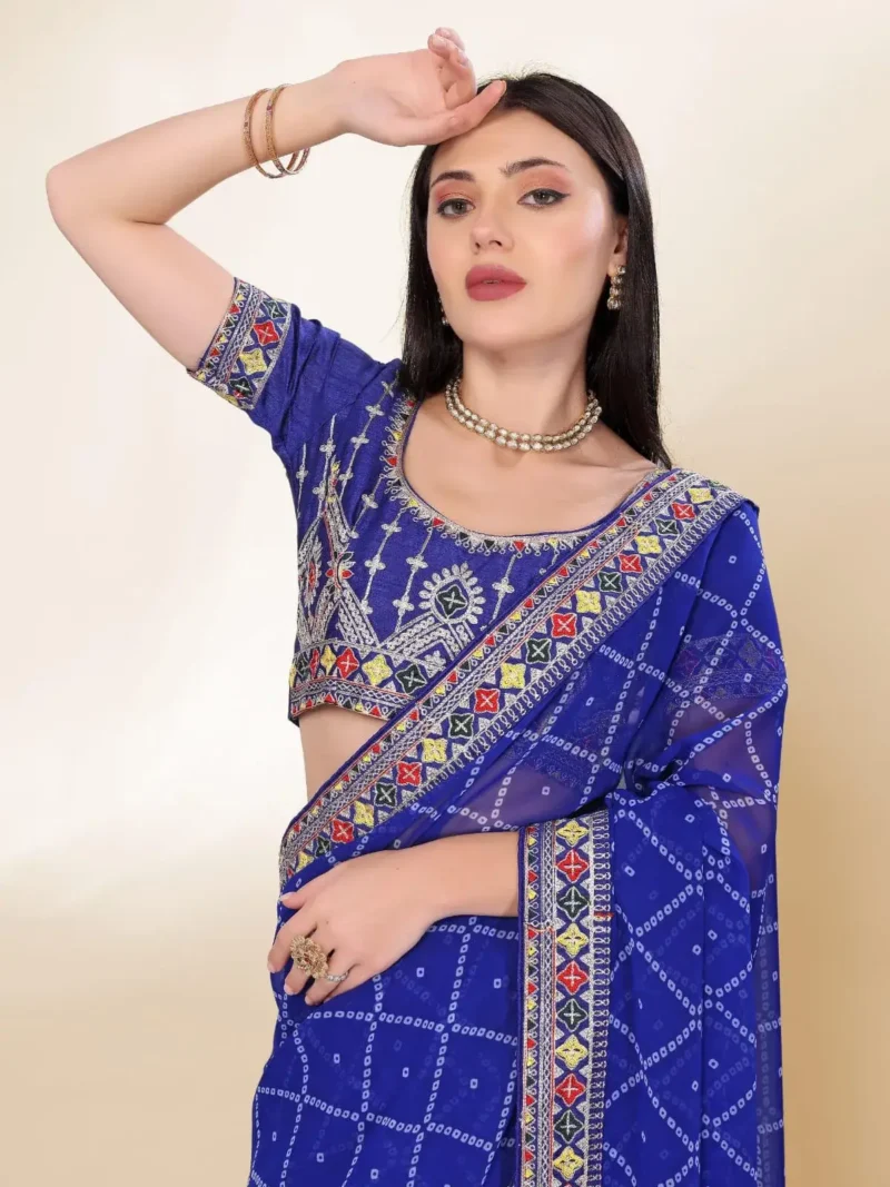 Digital Bandhani Printed Lace Embroidery Work Georgette Saree