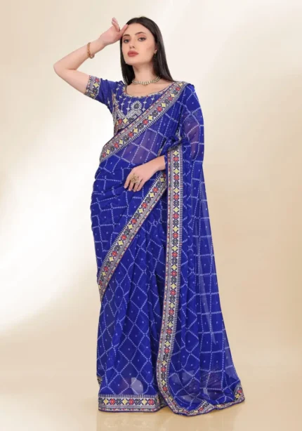 Digital Bandhani Printed Lace Embroidery Work Georgette Saree