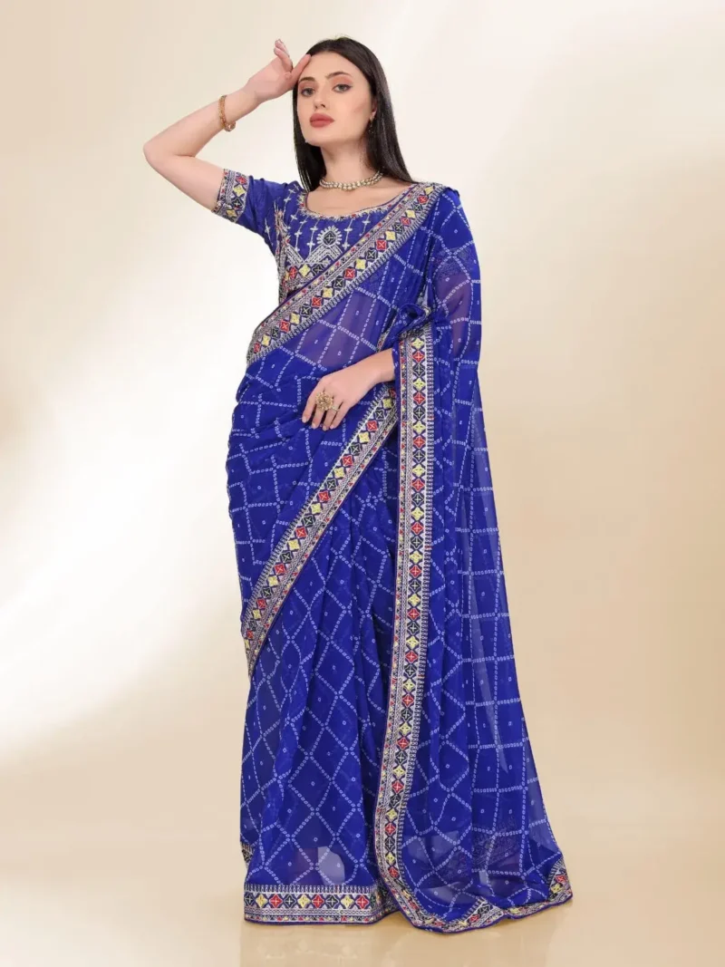 Digital Bandhani Printed Lace Embroidery Work Georgette Saree
