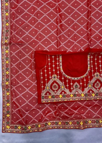 Digital Bandhani Printed Lace Embroidery Work Georgette Saree