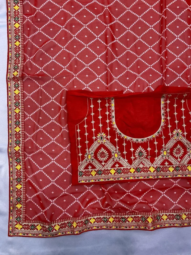 Digital Bandhani Printed Lace Embroidery Work Georgette Saree