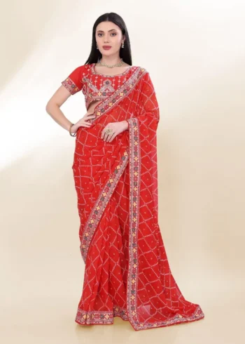 Digital Bandhani Printed Lace Embroidery Work Georgette Saree