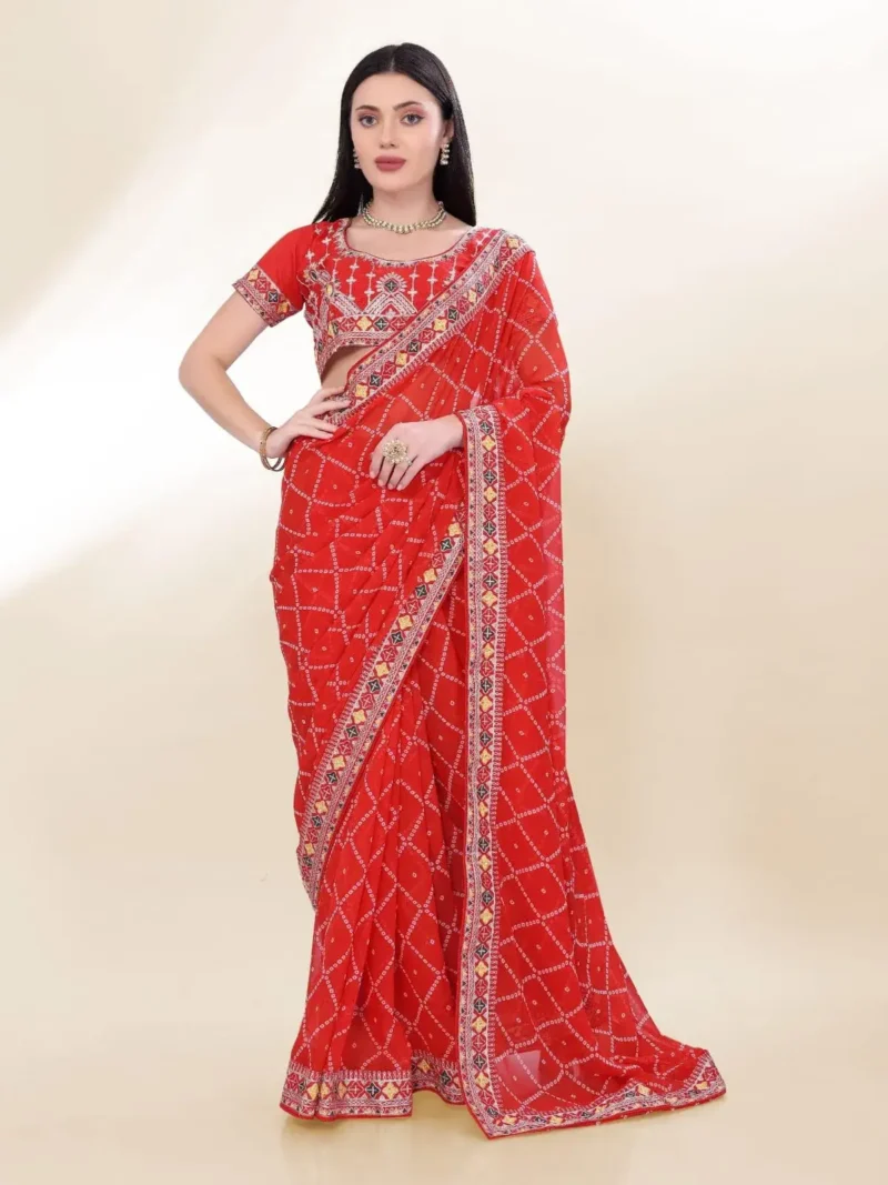 Digital Bandhani Printed Lace Embroidery Work Georgette Saree