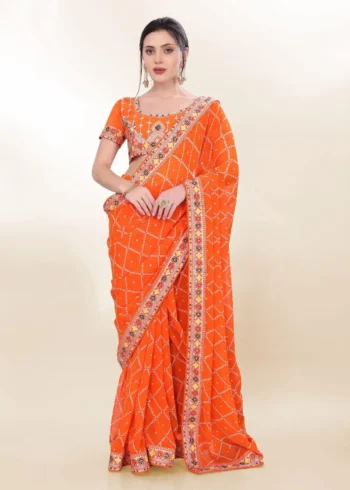 Digital Bandhani Printed Lace Embroidery Work Georgette Saree