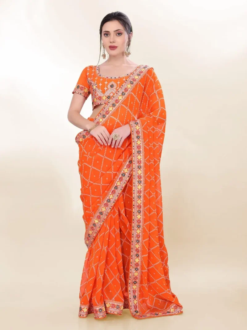 Digital Bandhani Printed Lace Embroidery Work Georgette Saree