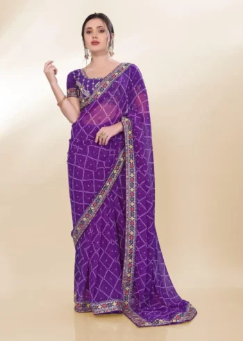 Digital Bandhani Printed Lace Embroidery Work Georgette Saree