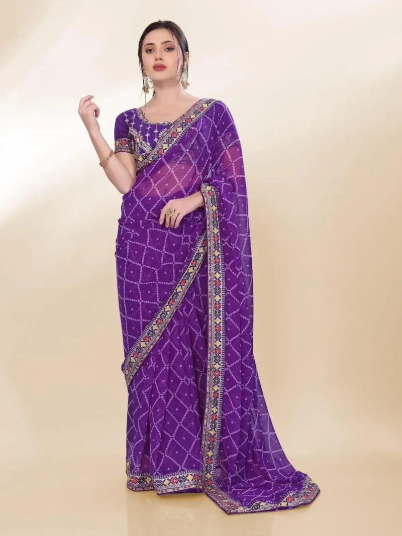 Digital Bandhani Printed Lace Embroidery Work Georgette Saree