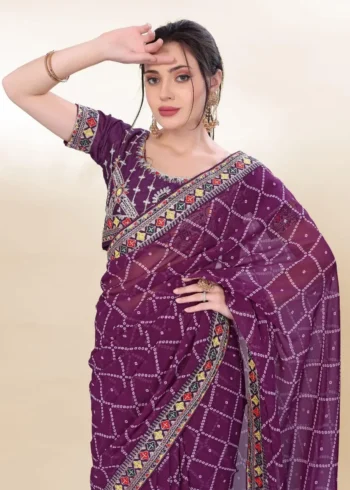 Digital Bandhani Printed Lace Embroidery Work Georgette Saree