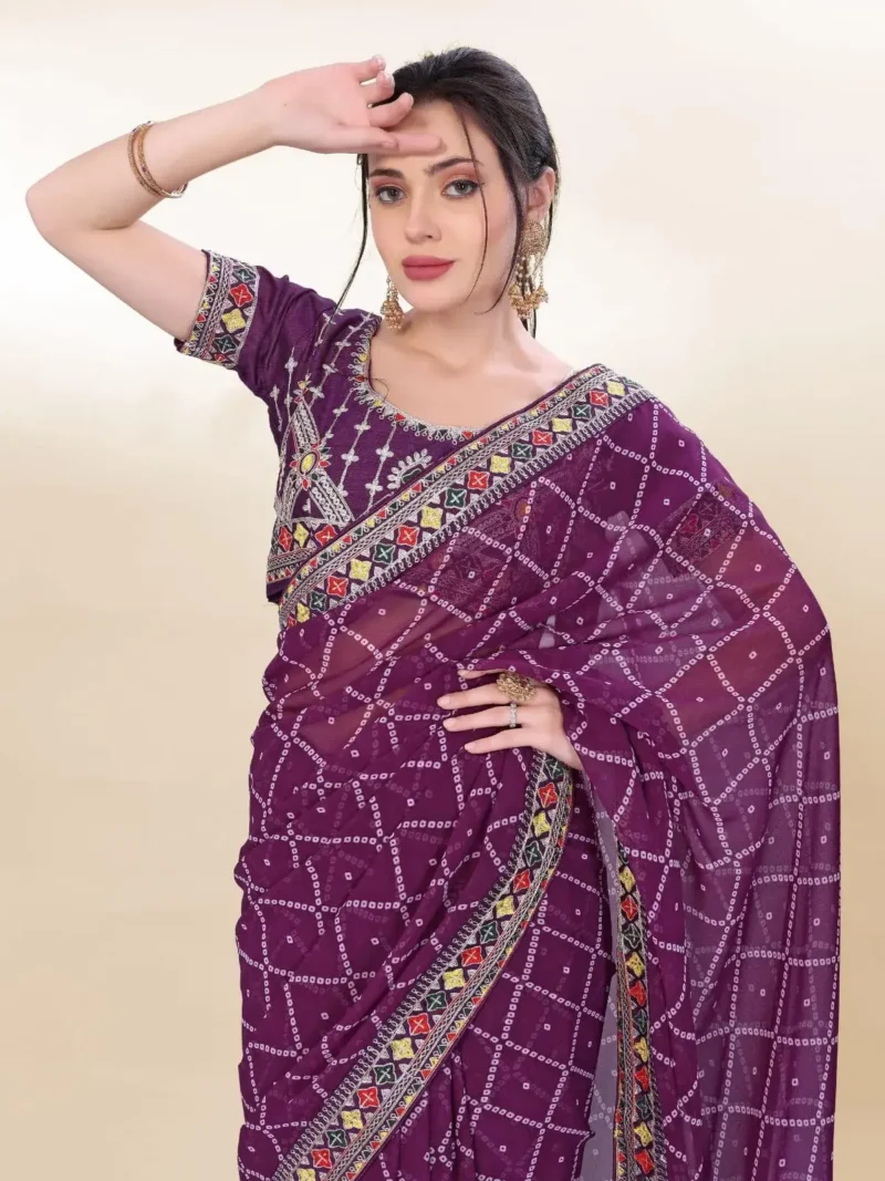 Digital Bandhani Printed Lace Embroidery Work Georgette Saree