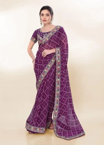 Digital Bandhani Printed Lace Embroidery Work Georgette Saree
