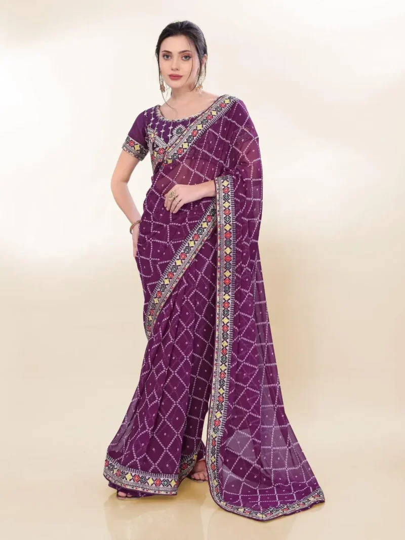 Digital Bandhani Printed Lace Embroidery Work Georgette Saree