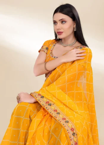 Digital Bandhani Printed Lace Embroidery Work Georgette Saree
