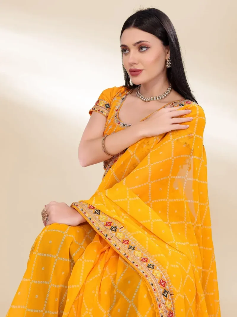 Digital Bandhani Printed Lace Embroidery Work Georgette Saree