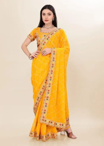 Digital Bandhani Printed Lace Embroidery Work Georgette Saree