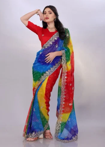Digital Printed Sequin Embroidery With Cut Work Georgette Saree