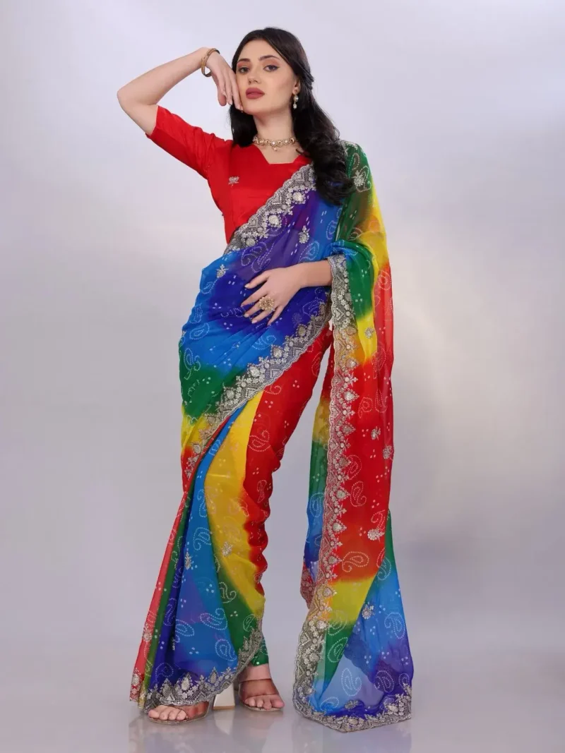 Digital Printed Sequin Embroidery With Cut Work Georgette Saree