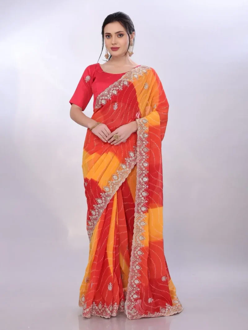 Digital Printed Sequin Embroidery With Cut Work Georgette Saree
