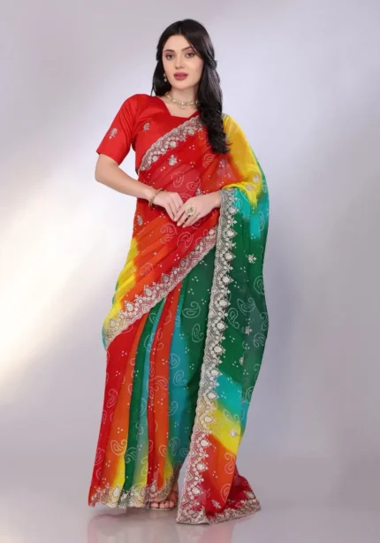 Digital Printed Sequin Embroidery With Cut Work Georgette Saree