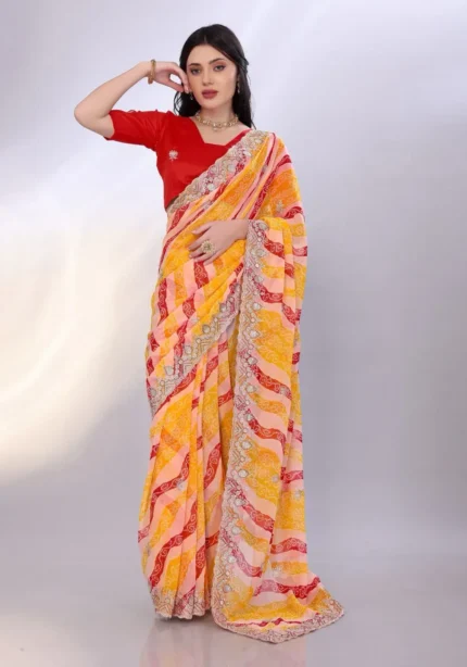 Digital Printed Sequin Embroidery With Cut Work Georgette Saree