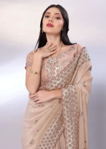 Digital Printed Sequin Embroidery With Cut Work Gold Tussar Saree