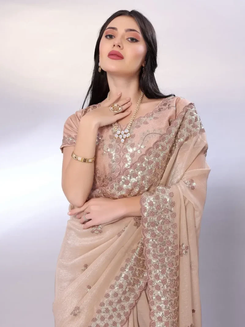 Digital Printed Sequin Embroidery With Cut Work Gold Tussar Saree