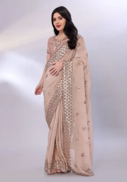 Digital Printed Sequin Embroidery With Cut Work Gold Tussar Saree