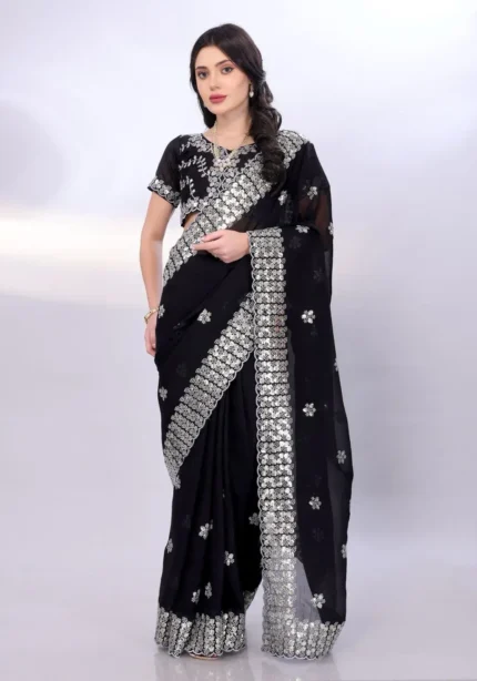 Digital Printed Sequin Embroidery With Cut Work Gold Tussar Saree