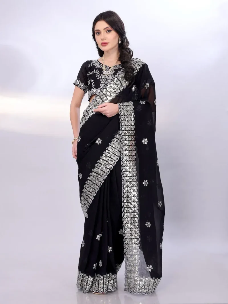Digital Printed Sequin Embroidery With Cut Work Gold Tussar Saree