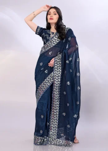 Digital Printed Sequin Embroidery With Cut Work Gold Tussar Saree