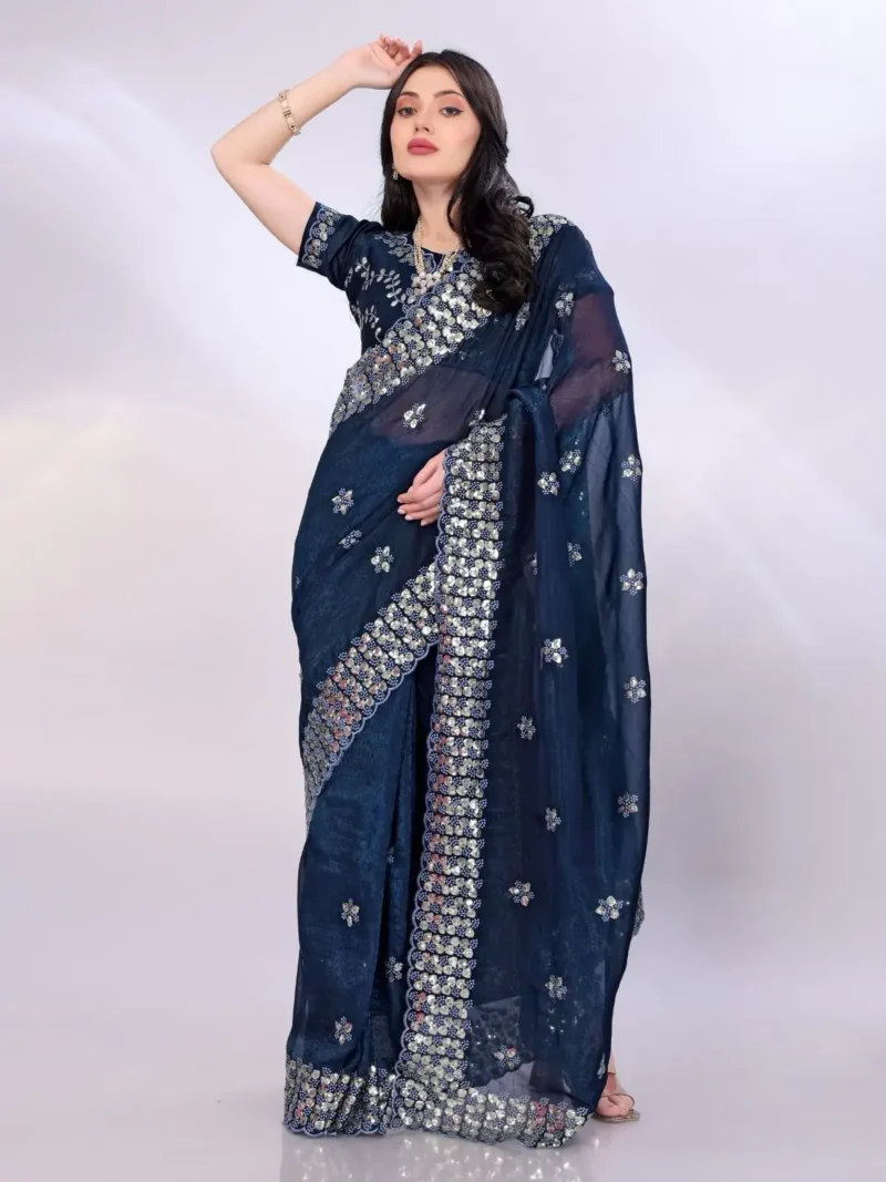 Digital Printed Sequin Embroidery With Cut Work Gold Tussar Saree