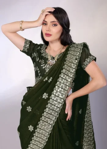 Digital Printed Sequin Embroidery With Cut Work Gold Tussar Saree