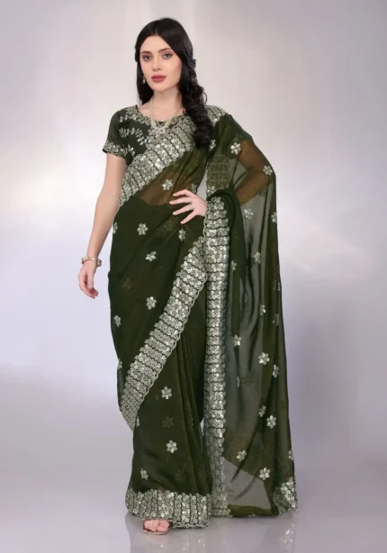 Digital Printed Sequin Embroidery With Cut Work Gold Tussar Saree