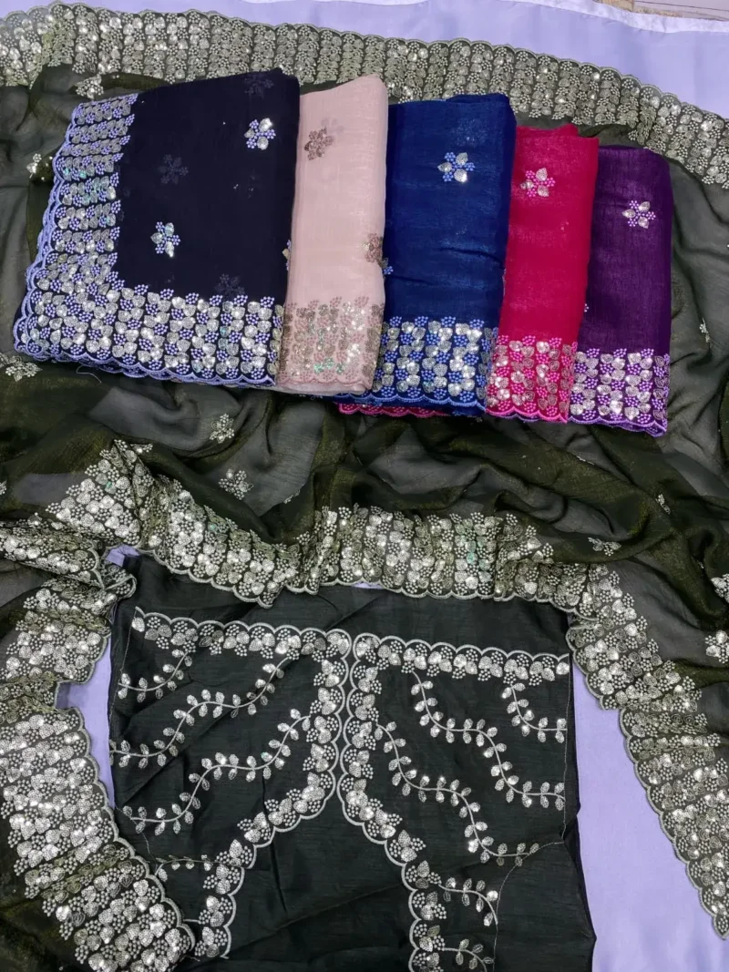 Digital Printed Sequin Embroidery With Cut Work Gold Tussar Saree