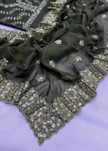 Digital Printed Sequin Embroidery With Cut Work Gold Tussar Saree