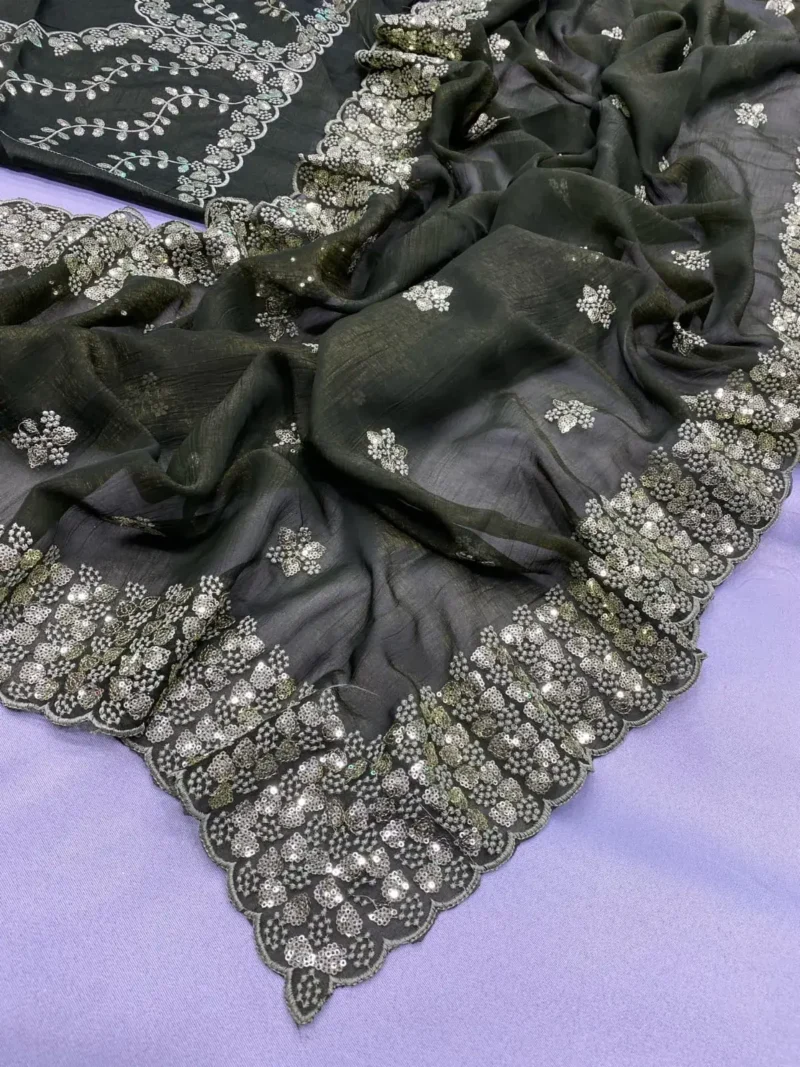 Digital Printed Sequin Embroidery With Cut Work Gold Tussar Saree