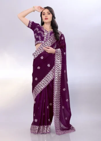 Digital Printed Sequin Embroidery With Cut Work Gold Tussar Saree
