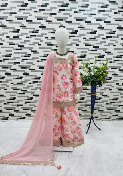 Digital Printed Sequins Embroidered Partywear Gown for Kids